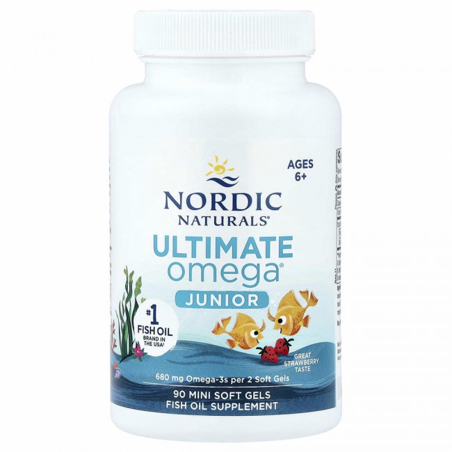 Nordic Naturals, Ultimate Omega Junior, для детей от 6 до 12 лет, со вкусом клубники, 340 мг, 90 мини-капсул