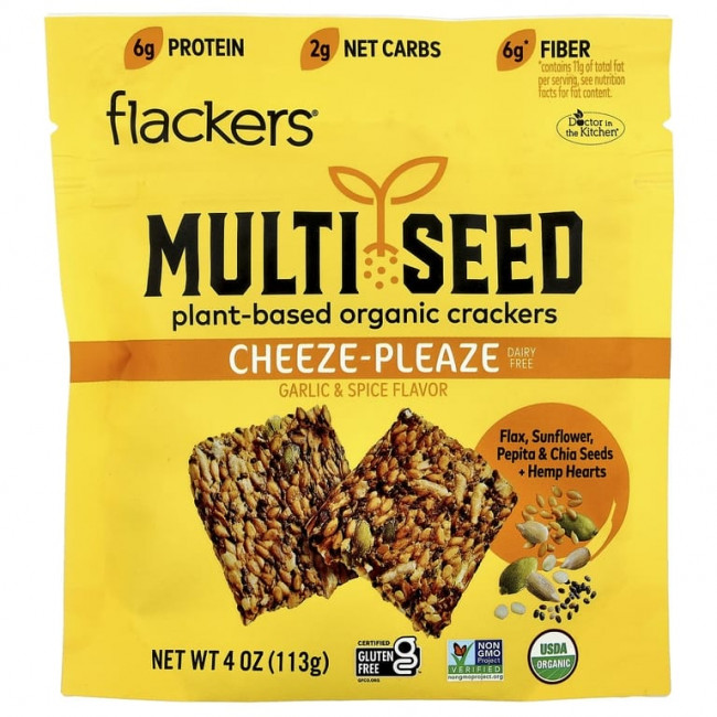Flackers, Multi Seed, органические крекеры на растительной основе, Cheeze-Pleaze, чеснок и специи, 113 г (4 унции) Flackers, Multi Seed, органические крекеры на растительной основе, Cheeze-Pleaze, чеснок и специи, 113 г (4 унции)