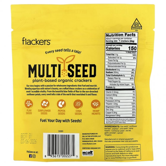 Flackers, Multi Seed, органические крекеры на растительной основе, Cheeze-Pleaze, чеснок и специи, 113 г (4 унции) Flackers, Multi Seed, органические крекеры на растительной основе, Cheeze-Pleaze, чеснок и специи, 113 г (4 унции)