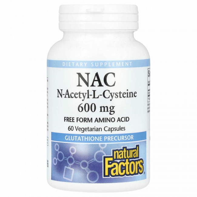 Natural Factors, NAC N-ацетил-L цистеин, 600 мг, 60 вегетарианских капсул