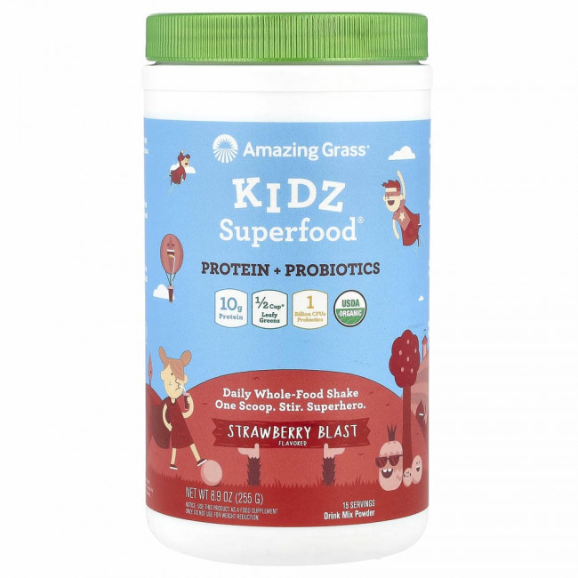 Amazing Grass, Kidz Superfood, протеин и пробиотики, клубничный взрыв, 255 г (8,9 унции) Amazing Grass, Kidz Superfood, протеин и пробиотики, клубничный взрыв, 255 г (8,9 унции)