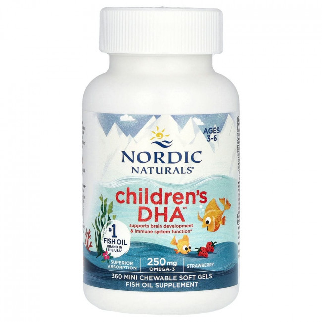 Nordic Naturals, ДГК для детей, клубника, для детей 3–6 лет, 250 мг, 360 желатиновых мини-капсул