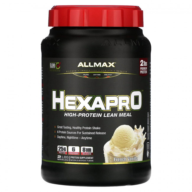 ALLMAX, Hexapro, постная еда с высоким содержанием белка, французская ваниль, 907 г (2 фунта) ALLMAX, Hexapro, постная еда с высоким содержанием белка, французская ваниль, 907 г (2 фунта)
