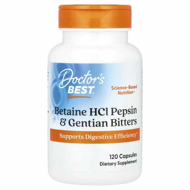 Doctor's Best, горькая настойка из бетаингидрохлорида, пепсина и горечавки, 120 капсул