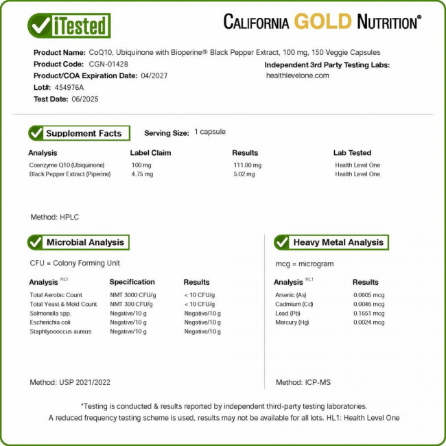 California Gold Nutrition, коэнзим Q10 класса USP с экстрактом BioPerine, 100 мг, 150 растительных капсул