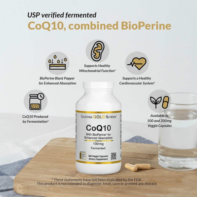 California Gold Nutrition, коэнзим Q10 класса USP с экстрактом BioPerine, 100 мг, 150 растительных капсул
