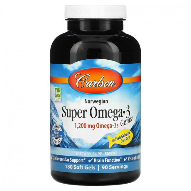 Carlson Labs, Norwegian, Super Omega-3 Gems, высокоэффективные омега-3 кислоты, 600 мг, 180 капсул Carlson Labs, Norwegian, Super Omega-3 Gems, высокоэффективные омега-3 кислоты, 600 мг, 180 капсул