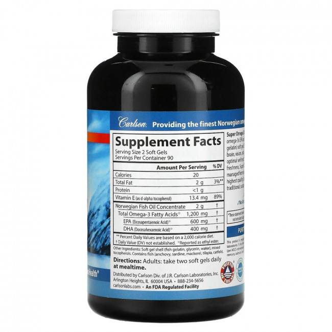 Carlson Labs, Norwegian, Super Omega-3 Gems, высокоэффективные омега-3 кислоты, 600 мг, 180 капсул Carlson Labs, Norwegian, Super Omega-3 Gems, высокоэффективные омега-3 кислоты, 600 мг, 180 капсул