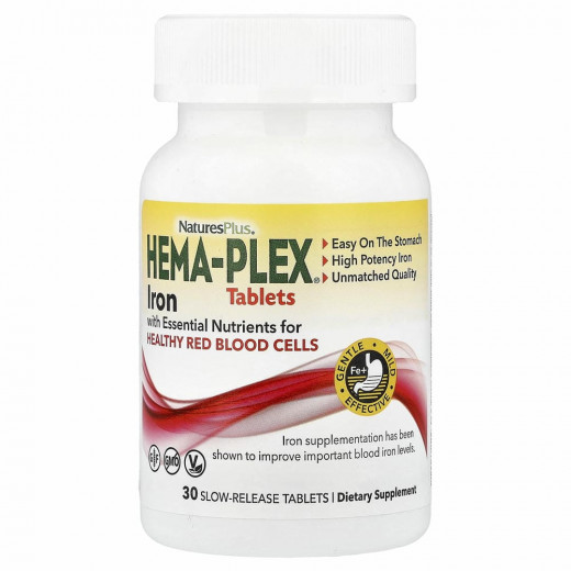NaturesPlus, Hema-Plex, железо с незаменимыми питательными веществами для здоровых эритроцитов, 30 таблеток с медленным высвобождением —