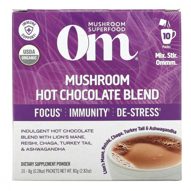 Om Mushrooms, Смесь горячего шоколада с грибами, 10 пакетиков по 8 г (0,28 унции) Om Mushrooms, Смесь горячего шоколада с грибами, 10 пакетиков по 8 г (0,28 унции)