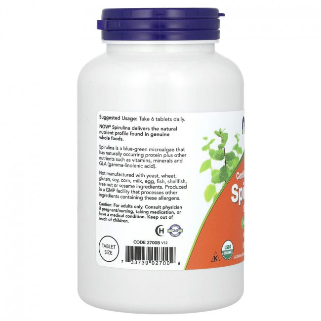 NOW Foods, сертифицированная органическая спирулина, 500 мг, 500 таблеток