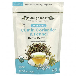 DelighTeas, Аюрведический чай, кориандр и фенхель, травяной чай для выведения токсинов, рассыпчатая смесь, без кофеина, 140 г (5 унций)
