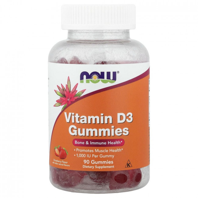 NOW Foods, Жевательные конфеты с витамином D3, клубника, 25 мкг (1000 МЕ), 90 жевательных таблеток
