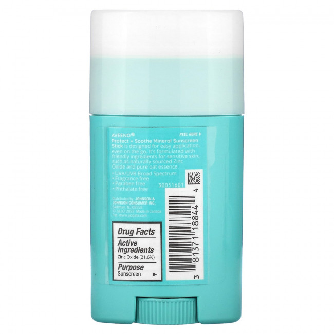 Aveeno, Минеральный солнцезащитный стик Protect + Soothe, SPF 50, без отдушек, 42 г (1,5 унции) Aveeno, Минеральный солнцезащитный стик Protect + Soothe, SPF 50, без отдушек, 42 г (1,5 унции)