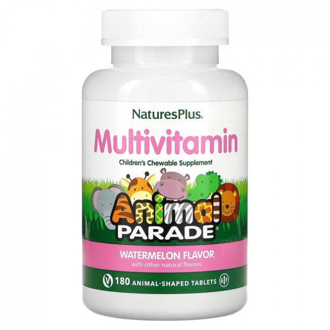 NaturesPlus, Source of Life, Animal Parade, жевательная добавка для детей с мультивитаминами и минералами, натуральный ароматизатор со вкусом арбуза, 180 таблеток в форме животных