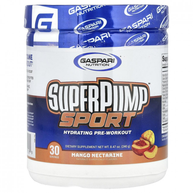 Gaspari Nutrition, SuperPump™ Sport, увлажняющий предтренировочный комплекс, манго и нектарин, 240 г (8,47 унции) Gaspari Nutrition, SuperPump™ Sport, увлажняющий предтренировочный комплекс, манго и нектарин, 240 г (8,47 унции)