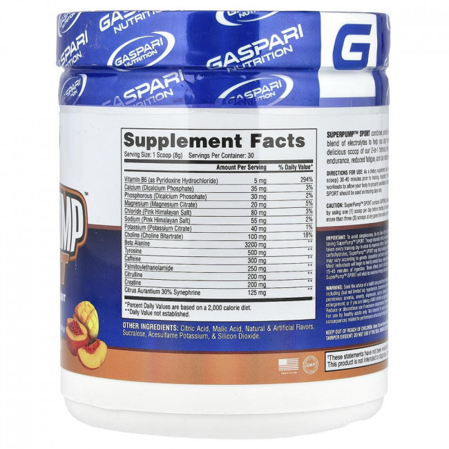Gaspari Nutrition, SuperPump™ Sport, увлажняющий предтренировочный комплекс, манго и нектарин, 240 г (8,47 унции) Gaspari Nutrition, SuperPump™ Sport, увлажняющий предтренировочный комплекс, манго и нектарин, 240 г (8,47 унции)