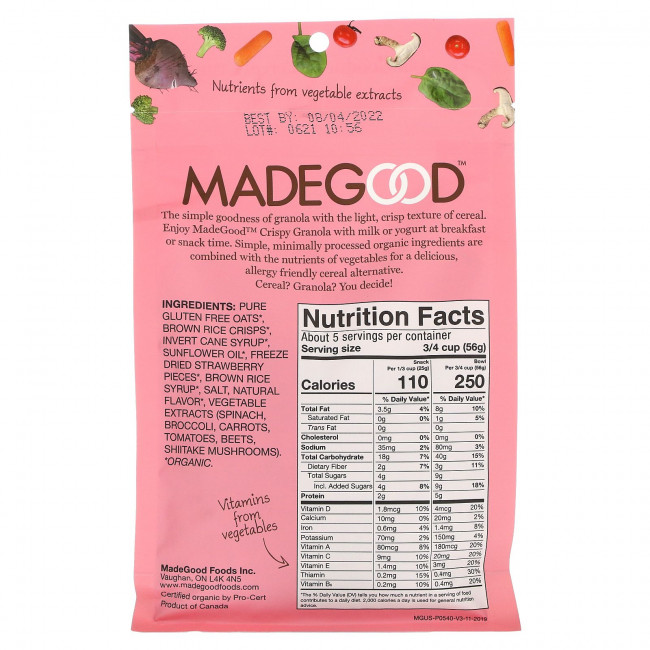 MadeGood, Хрустящая светлая гранола, клубника, 284 г (10 унций) MadeGood, Хрустящая светлая гранола, клубника, 284 г (10 унций)