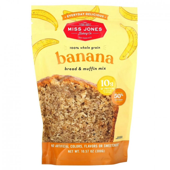 Miss Jones Baking Co, Смесь для 100% бананового хлеба и кексов из цельного зерна, 300 г (10,57 унции) Miss Jones Baking Co, Смесь для 100% бананового хлеба и кексов из цельного зерна, 300 г (10,57 унции)