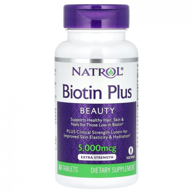 Natrol, Biotin Plus, повышенная эффективность, 5000 мкг, 60 таблеток Natrol, Biotin Plus, повышенная эффективность, 5000 мкг, 60 таблеток