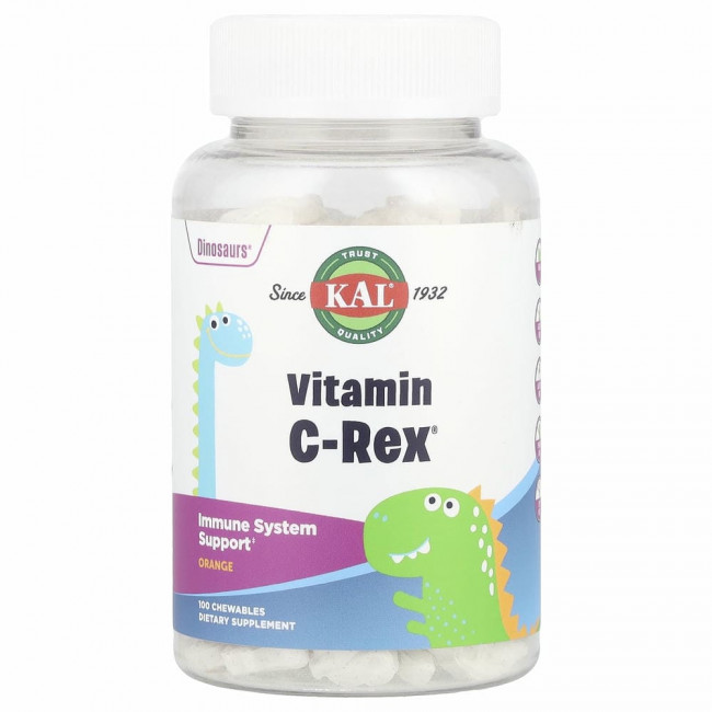 KAL, Dinosaurs,Vitamin C-Rex, витамин С, со вкусом апельсина, 100 жевательных таблеток