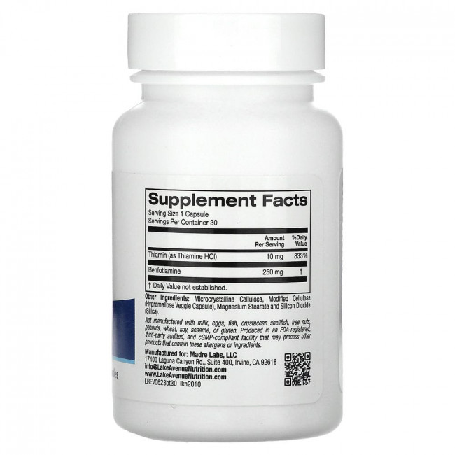 Lake Avenue Nutrition, бенфотиамин с тиамином, 250 мг, 30 растительных капсул