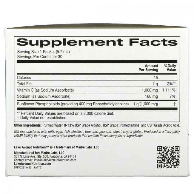 Lake Avenue Nutrition, липосомальный витамин C, с нейтральным вкусом, 1000 мг, 30 пакетиков по 5,7 мл (0,2 унции) Lake Avenue Nutrition, липосомальный витамин C, с нейтральным вкусом, 1000 мг, 30 пакетиков по 5,7 мл (0,2 унции)