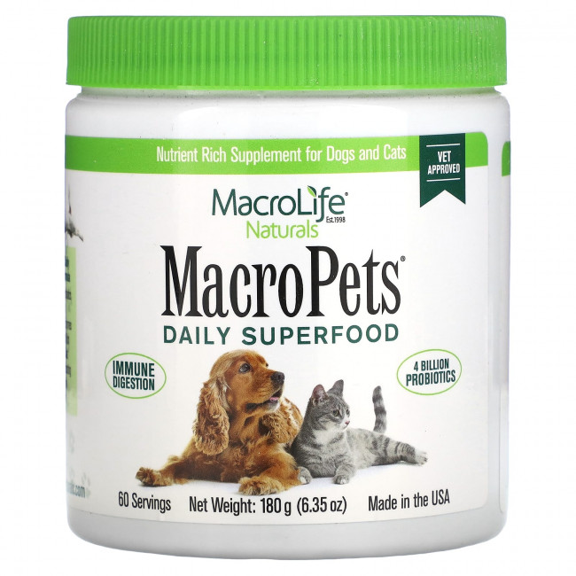 Macrolife Naturals, MacroPets, ежедневный суперфуд, для собак и кошек, 180 г (6,35 унции) Macrolife Naturals, MacroPets, ежедневный суперфуд, для собак и кошек, 180 г (6,35 унции)