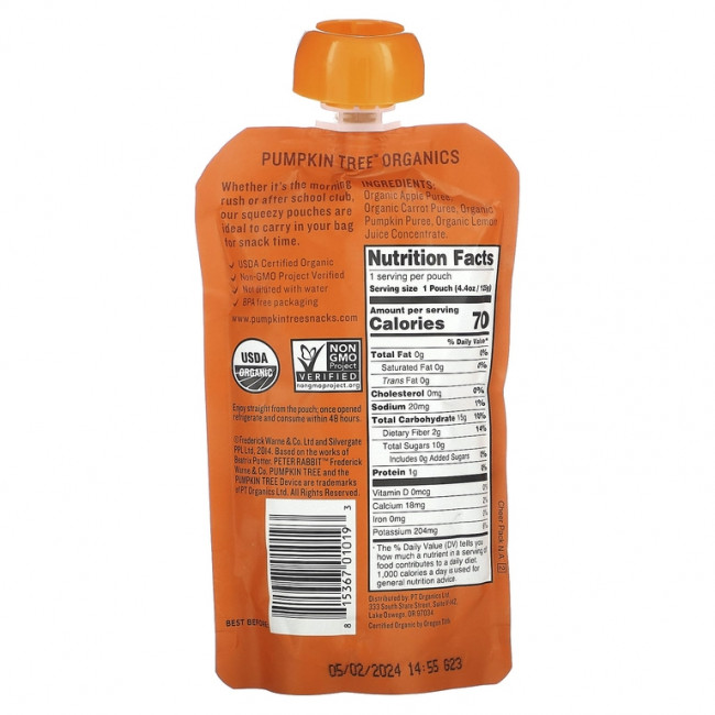 Pumpkin Tree Organics, Peter Rabbit Organics, органическое фруктовое и овощное пюре, яблоко, морковь и тыква, 125 г (4,4 унции)