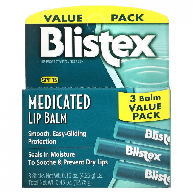 Blistex, заживляющий бальзам, защита губ с солнцезащитным фильтром, SPF 15, классический, в упаковке 3 бальзама по 4,25 г (0,15 унции) Blistex, заживляющий бальзам, защита губ с солнцезащитным фильтром, SPF 15, классический, в упаковке 3 бальзама по 4,25 г (0,15 унции)