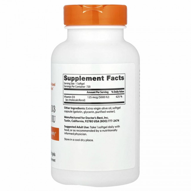 Doctor's Best, Витамин D3, 125 мкг (5000 МЕ), 720 мягких желатиновых капсул