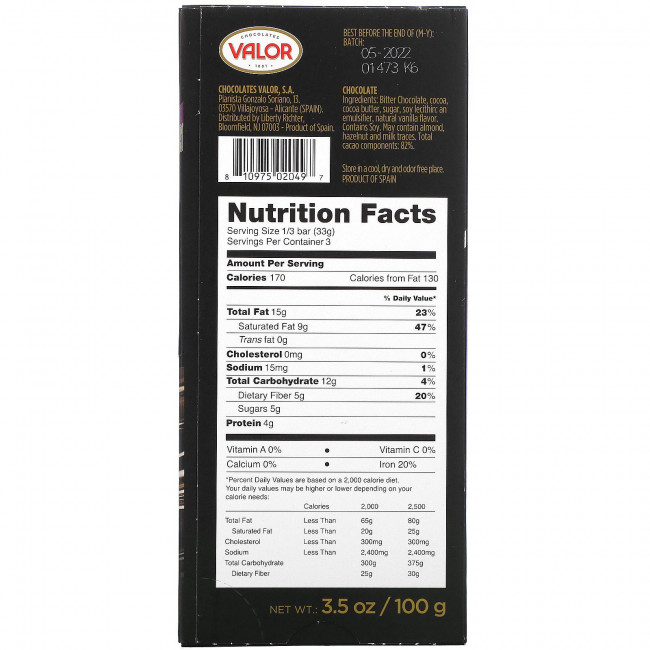Valor, Extra Dark Chocolate, 82% Cacao, 3.5 z ( 100 g) Valor, Extra Dark Chocolate, 82% Cacao, 3.5 z ( 100 g)