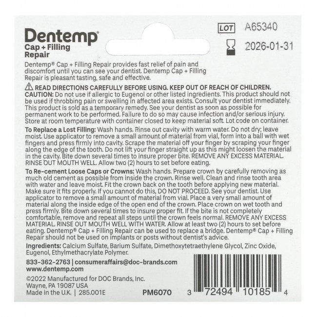 Dentemp, Cap + Filling Repair, Maximum Strength, 0.09 oz (2.64 g)
