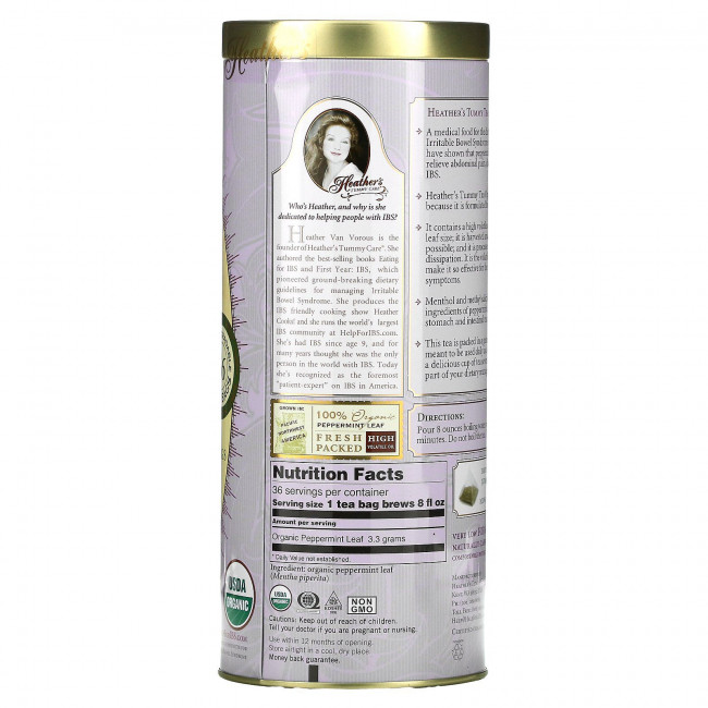 Heather's Tummy Care, Tummy Teas, Organic Peppermint Tea Bags, Caffeine Free, 36 Extra Large Tea Bags, 4.2 oz (120 g)