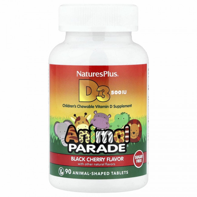 NaturesPlus, Source of Life, Animal Parade, витамин D3, без сахара, с натуральным вкусом черешни, 12,5 мкг (500 МЕ), 90 таблеток в форме животных