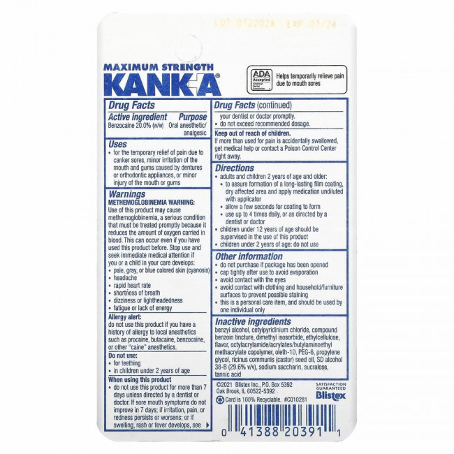 Blistex, Kank-A, жидкость для снятия боли во рту, 9,75 мл (0,33 жидк. Унции) Blistex, Kank-A, жидкость для снятия боли во рту, 9,75 мл (0,33 жидк. Унции)