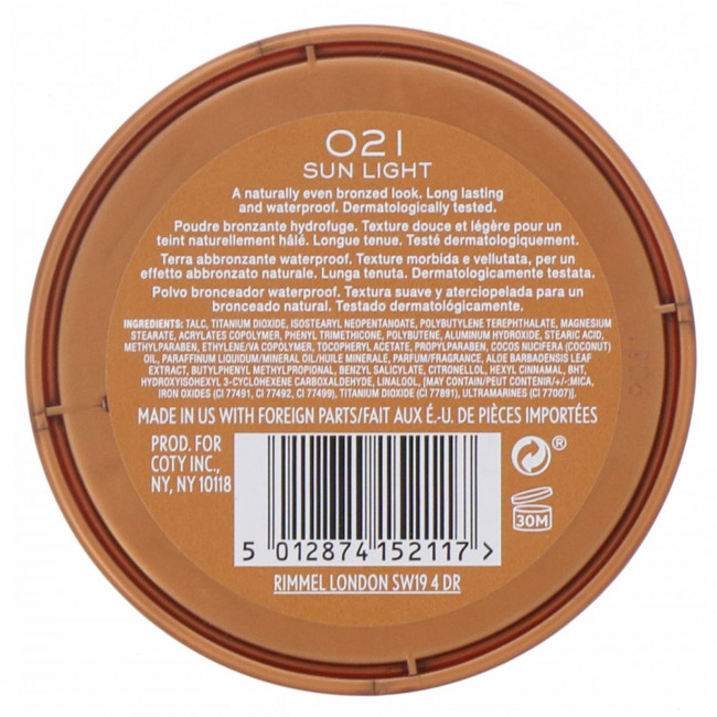 Rimmel London, Natural Bronzer, водостойкая бронзирующая пудра, оттенок 021 «Солнечный свет», 14 г