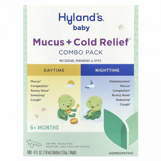 Hyland's, Baby, средство от слизи и простуды, дневное и ночное средство, для детей от 6 месяцев, 2 флакона по 118 мл (4 жидк. Унции) Hyland's, Baby, средство от слизи и простуды, дневное и ночное средство, для детей от 6 месяцев, 2 флакона по 118 мл (4 жидк. Унции)