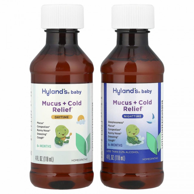 Hyland's, Baby, средство от слизи и простуды, дневное и ночное средство, для детей от 6 месяцев, 2 флакона по 118 мл (4 жидк. Унции) Hyland's, Baby, средство от слизи и простуды, дневное и ночное средство, для детей от 6 месяцев, 2 флакона по 118 мл (4 жидк. Унции)