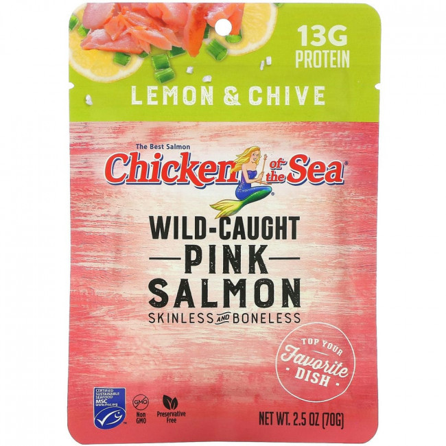 Chicken of the Sea, Дикие горбуша, лимон и чеснок, 2,5 унции (70 г) Chicken of the Sea, Дикие горбуша, лимон и чеснок, 2,5 унции (70 г)