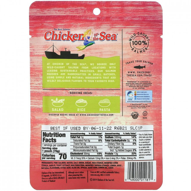 Chicken of the Sea, Дикие горбуша, лимон и чеснок, 2,5 унции (70 г) Chicken of the Sea, Дикие горбуша, лимон и чеснок, 2,5 унции (70 г)