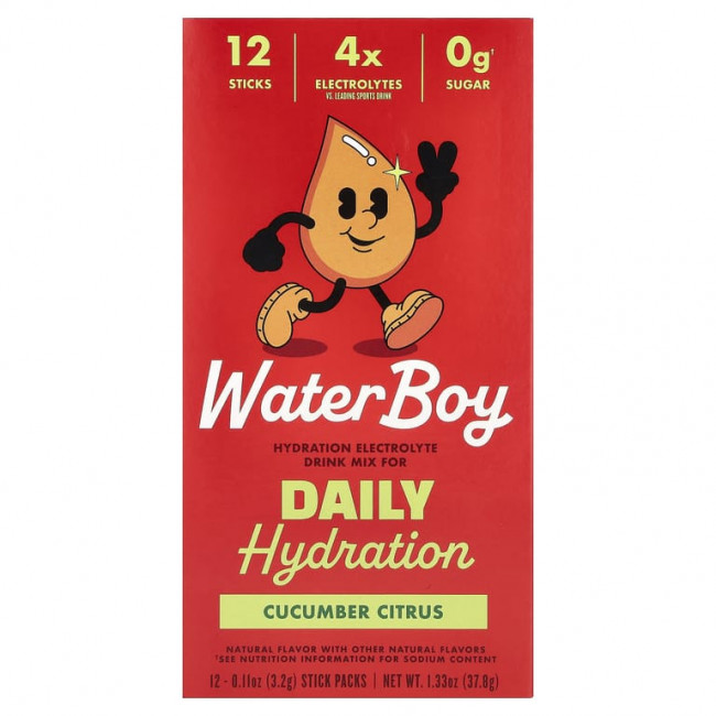 Waterboy, Daily Hydration, смесь для приготовления электролитического напитка, огурец и цитрус, 12 стиков в упаковке, 3,2 г (0,11 унции) Waterboy, Daily Hydration, смесь для приготовления электролитического напитка, огурец и цитрус, 12 стиков в упаковке, 3,2 г (0,11 унции)