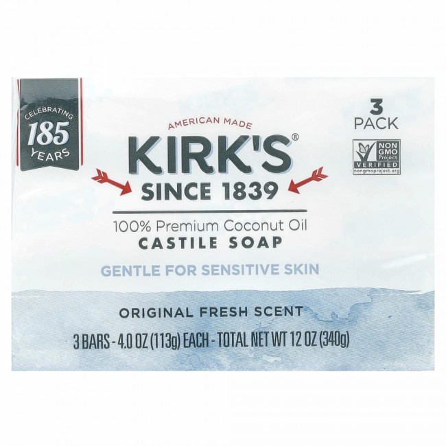 Kirk's, Gentle Castile Soap Bar, Original Fresh Scent, 3 Bars, 4 oz (113 g) Each