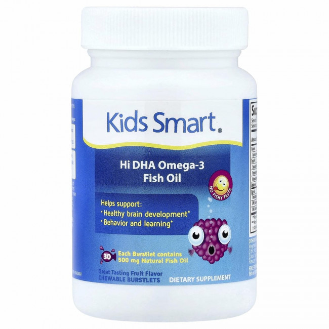 Bioglan, Kids Smart, рыбий жир с высоким содержанием омега-3 и ДГК, великолепный фруктовый вкус, 30 жевательных капсул, лопающихся во рту