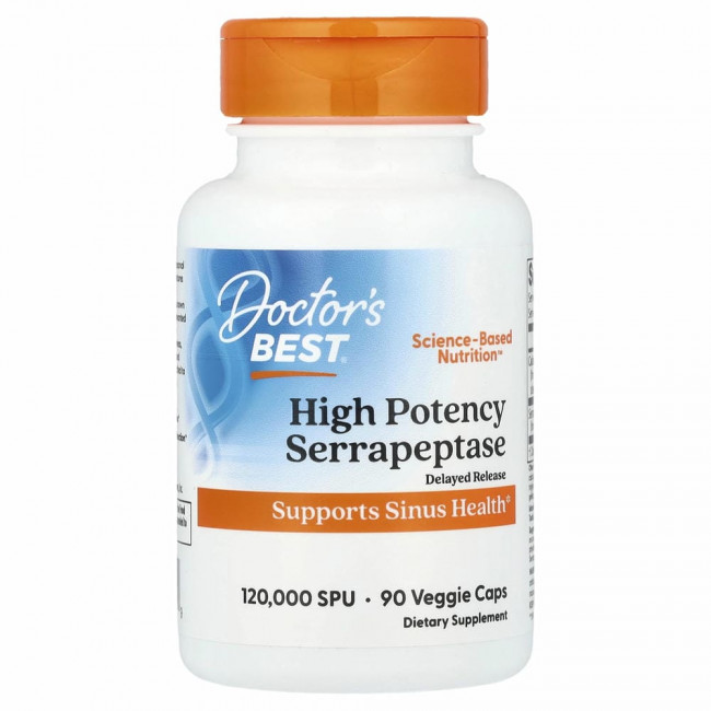 Doctor's Best, серрапептаза высокой эффективности, 120 000 SPU, 90 вегетарианских капсул