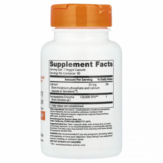 Doctor's Best, серрапептаза высокой эффективности, 120 000 SPU, 90 вегетарианских капсул