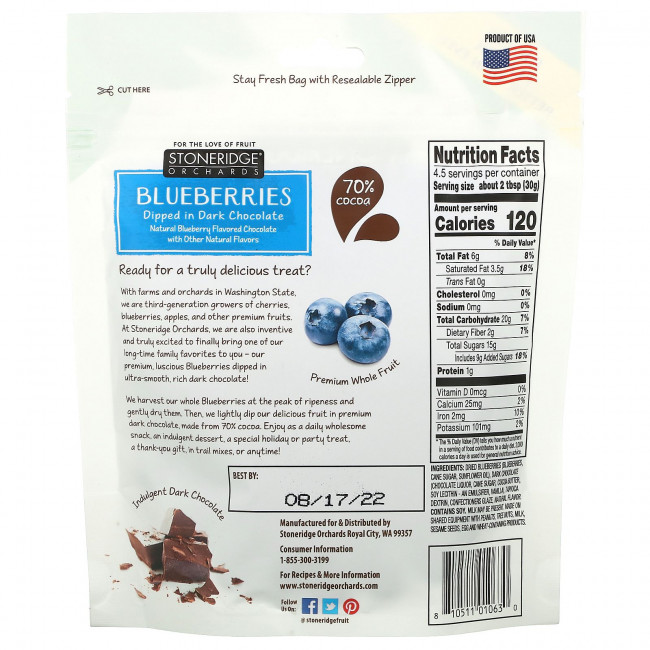 Stoneridge Orchards, Голубика в темном шоколаде, 70% какао, 142 г (5 унций)