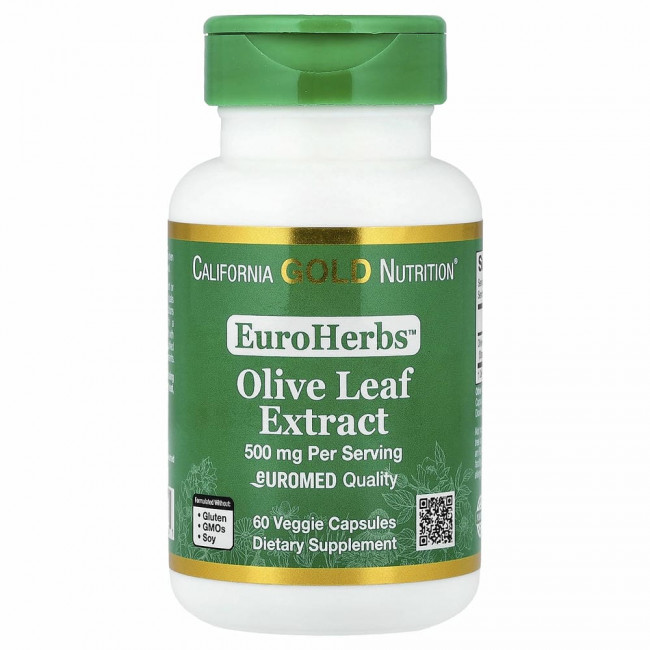 California Gold Nutrition, EuroHerbs, экстракт листьев оливкового дерева, европейское качество, 500 мг, 60 растительных капсул California Gold Nutrition, EuroHerbs, экстракт листьев оливкового дерева, европейское качество, 500 мг, 60 растительных капсул