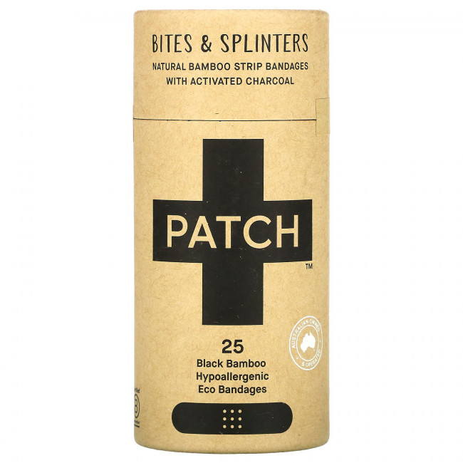 Patch, Бинты в полоску из натурального бамбука с активированным углем, от укусов и заноз, черные, 25 эко-бинтов Patch, Бинты в полоску из натурального бамбука с активированным углем, от укусов и заноз, черные, 25 эко-бинтов