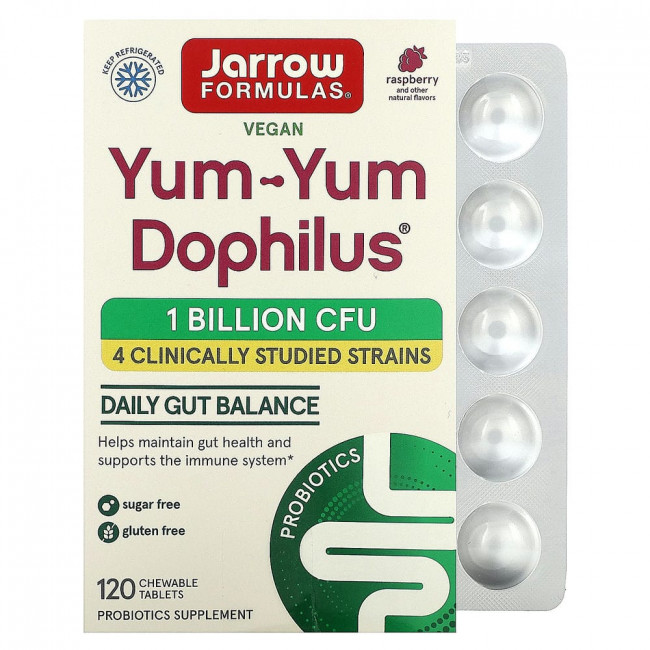 Jarrow Formulas, Yum-Yum Dophilus, без сахара, с натуральным ароматизатором со вкусом малины, 120 жевательных таблеток Jarrow Formulas, Yum-Yum Dophilus, без сахара, с натуральным ароматизатором со вкусом малины, 120 жевательных таблеток